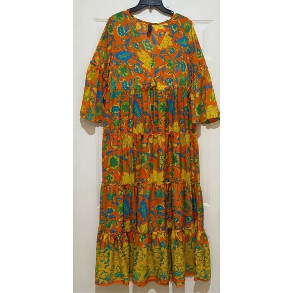 Vintage Me 2 Magic Women’s Medium Vibrant Orange Yellow Floral Maxi Dress Tie - Picture 1 of 9